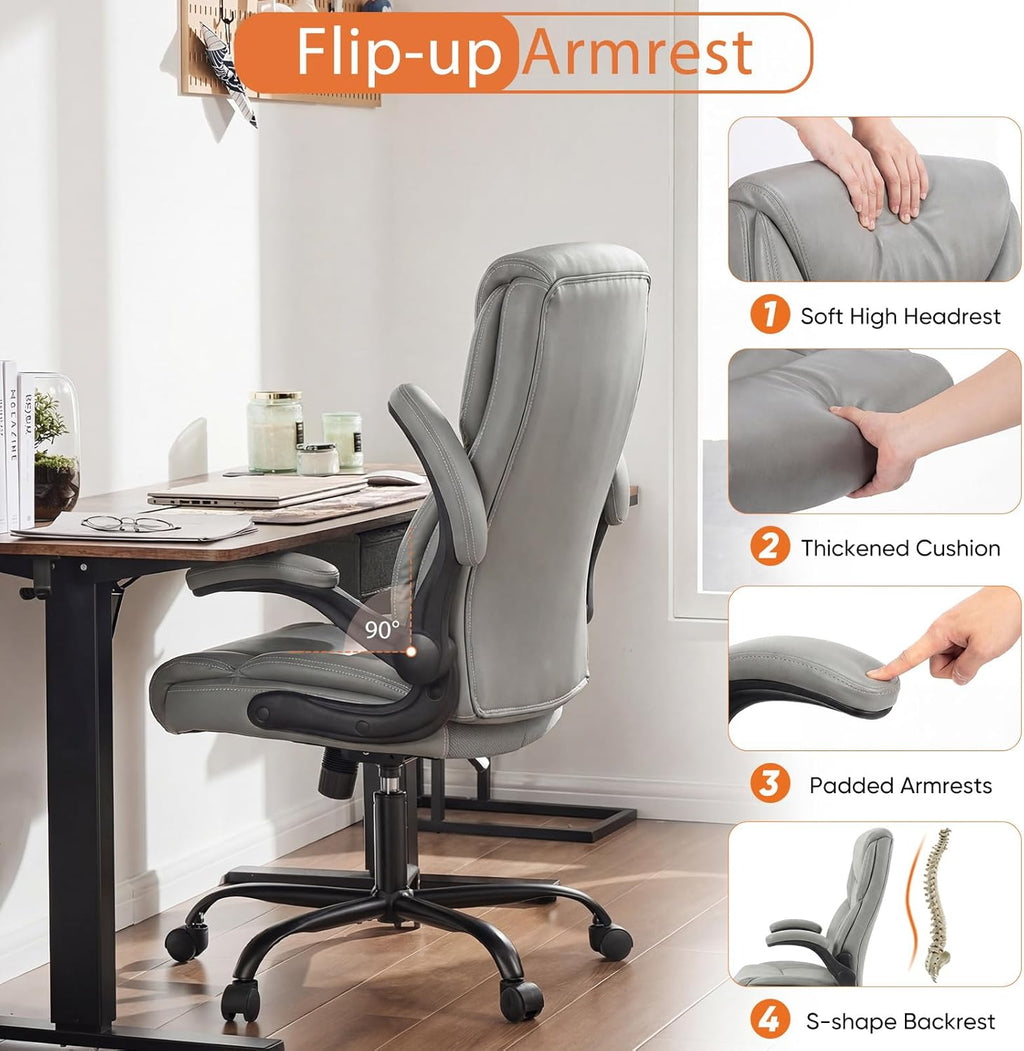 Sweetcrispy Office Computer Gaming Chair, Ergonomic High Back Heavy Duty Task Desk Chairs with Wheels, Flip-up Arms, Adjustable Height, PU Leather, Grey
