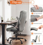 Sweetcrispy Office Computer Gaming Chair, Ergonomic High Back Heavy Duty Task Desk Chairs with Wheels, Flip-up Arms, Adjustable Height, PU Leather, Grey
