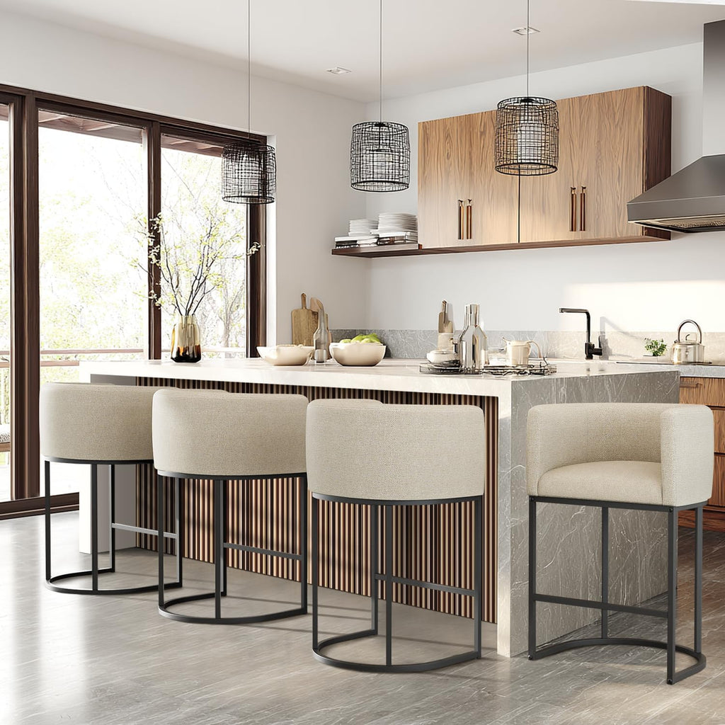 Counter Height Bar Stools Set of 3, 24 Inch Seat Height Barstools for Dining Room, Fabric Upholstered Bar Chair for Kitchen Island, Linen Counter Stools with Metal Legs, Beige