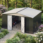 12x14 FT Storage Shed Garden Shed with Updated Frame Structure and Lockable Doors  Metal Tool Sheds for Backyard Garden Patio Lawn White