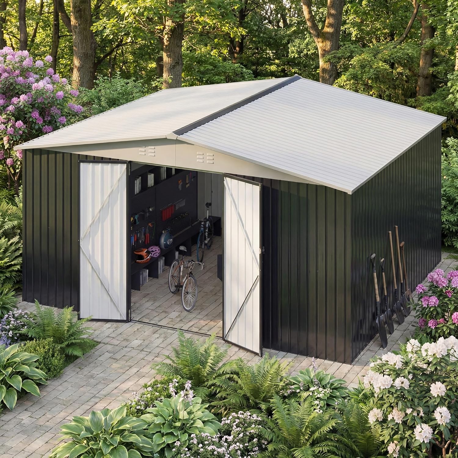 12x14 FT Storage Shed Garden Shed with Updated Frame Structure and Lockable Doors  Metal Tool Sheds for Backyard Garden Patio Lawn White