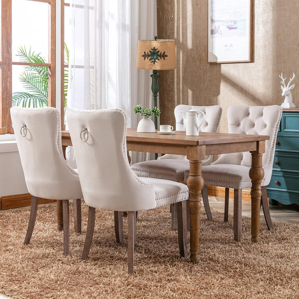 Beige Velvet Dining Chairs Set of 4, Kitchen & Dining Room Chairs, Fabric Tufted Dinning, Velvet Upholstered, High Wing Back, Pull Ring, Wood Frame, Mid Century Modern, Sillas de Comedor