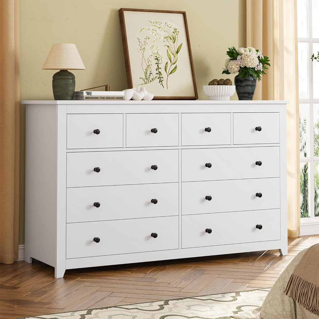 White Dresser for Bedroom with 10 Spacious Drawers Large Wood Dresser TV Stand for Bedroom Modern Chest of Drawers for Living Room Hallway Entryway, Smooth Slide, 15.7" D x 52" W x 36.5" H