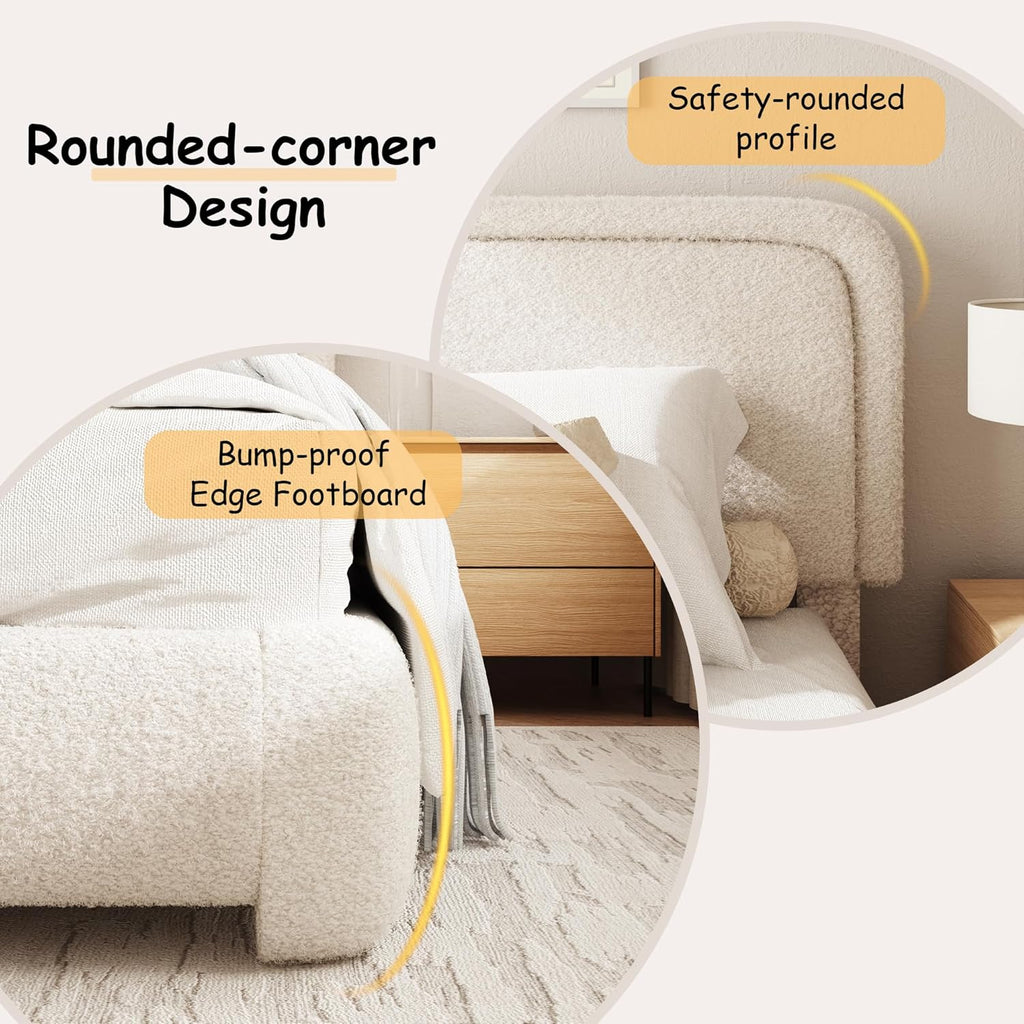 Queen Size Boucle Bed Frame, Upholstered Platform Bed with Height Adjustable Headboard & Soft Rounded Corners, Noise Free, Easy Assembly, No Box Spring Needed, Beige