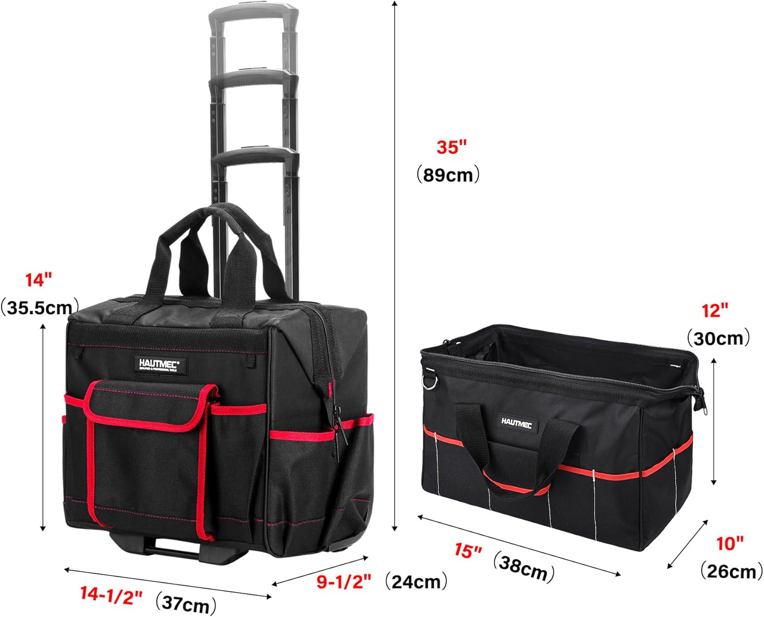 HAUTMEC 2-Piece Rolling Tool Bag Set, 15" Wheeled Tool Bag & Wide Mouth Tool Tote, Heavy-Duty Tool Storage Organizer with Durable Off-Road Wheel, Steel Telescoping Handle & Shoulder Strap – HT0288