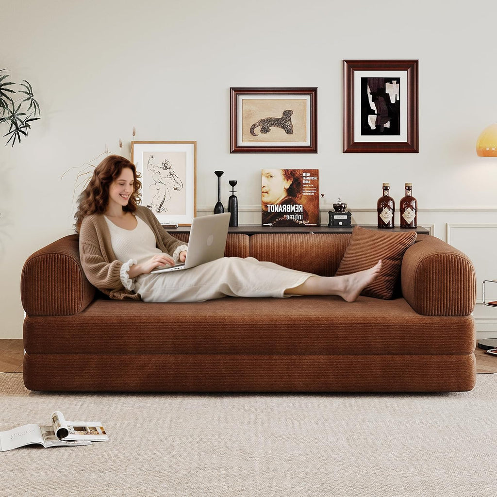 Ball & Cast 78.8" No-Assembly Compressed Sofa Bed, Convertible Floor Futon Couch with Pillow Backrest & Armrest, Boneless Modular Sleeper Sofa in Corduroy for Living Room Bedroom, Brown