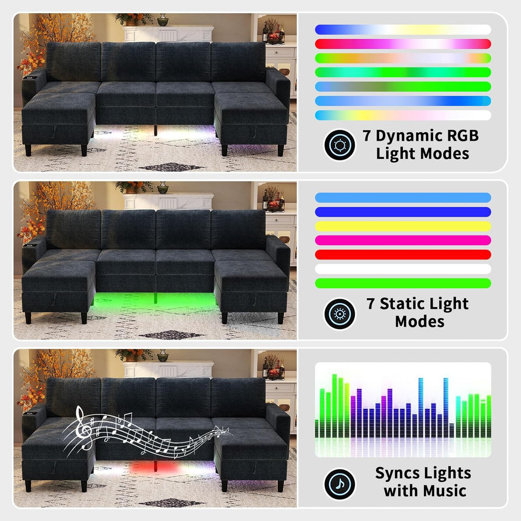 Sectional Couches for Living Room, 6 Seat Chenille Sectional Sofa with Smart Module-Wireless Charging/USB/Type-C/RGB Light, U Shaped Couch with 2 Movable Storage Ottomans (Dark Grey)