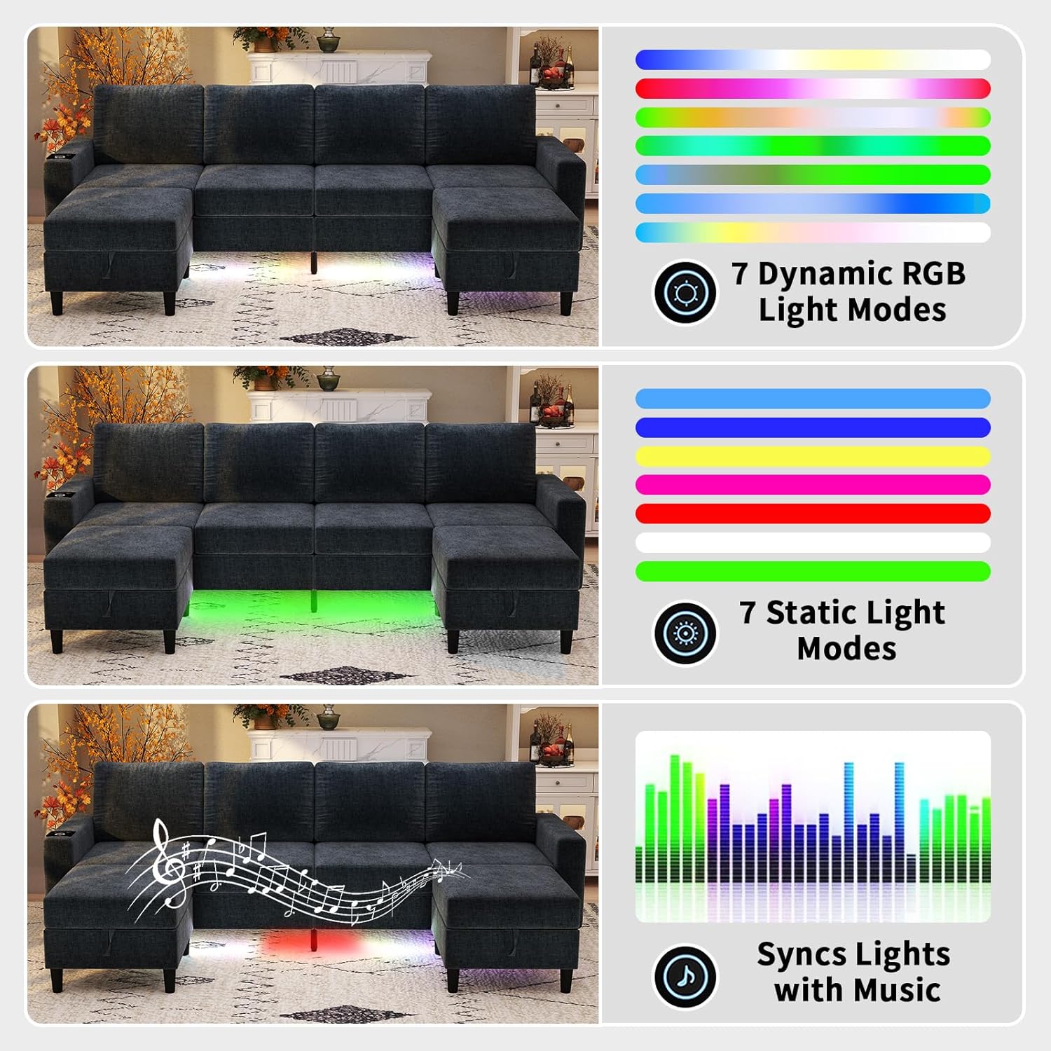 Sectional Couches for Living Room, 6 Seat Chenille Sectional Sofa with Smart Module-Wireless Charging/USB/Type-C/RGB Light, U Shaped Couch with 2 Movable Storage Ottomans (Dark Grey)