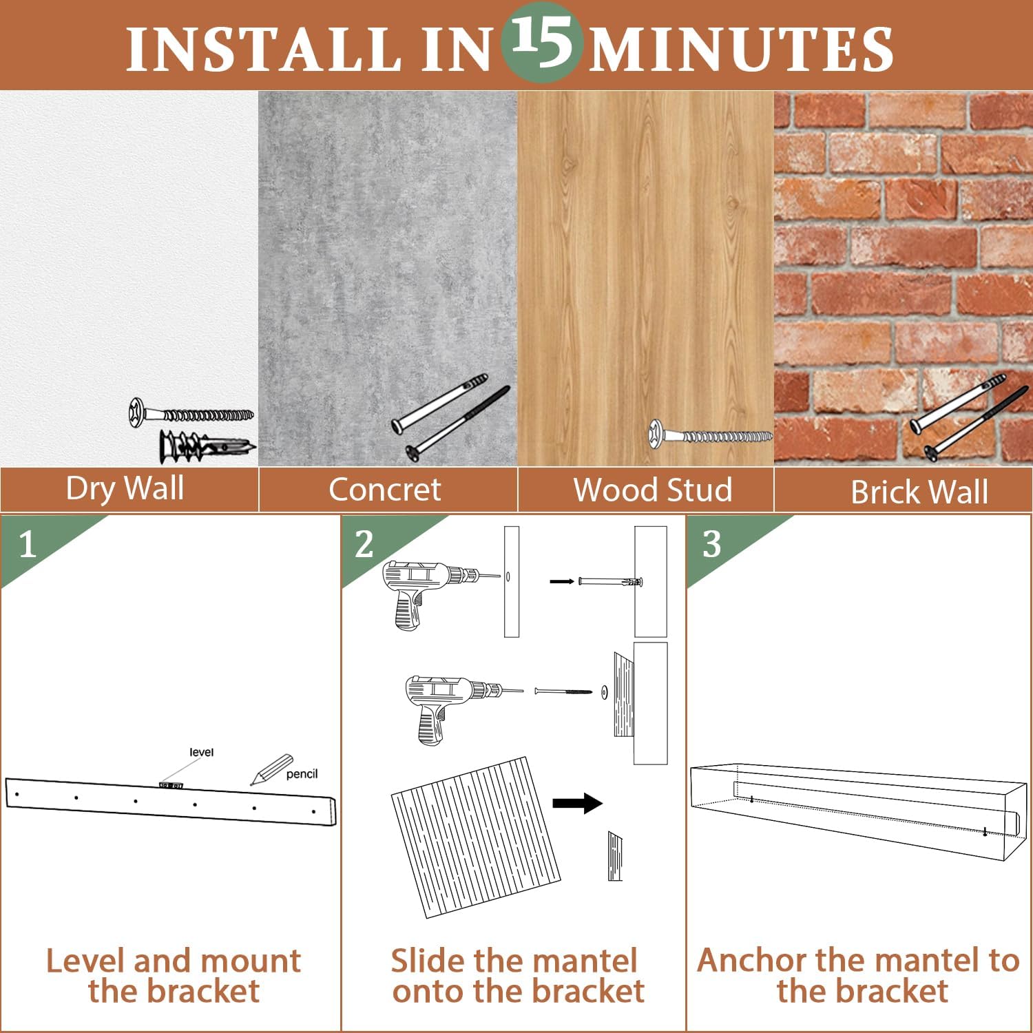 Fireplace Mantel, Handcrafted Mantel Shelf for Over Fireplace, Wood Mantel with Invisible Heavy Duty Bracket, Wood Floating Shelves for Wall-Mounted, 72 Inch, American Brown