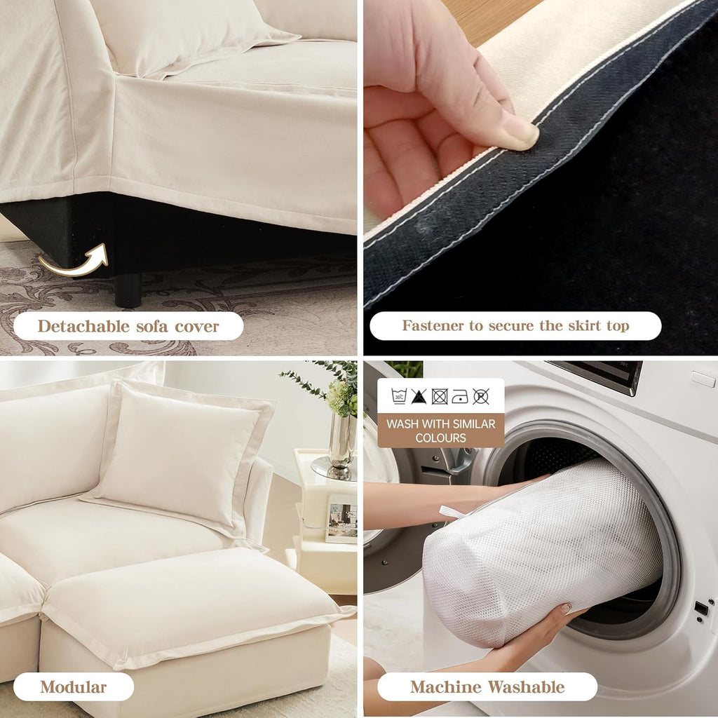 83.4" Modular Sectional Sofa Slipcovered, Oversized L-Shaped Cloud Couch with Removable Covers, 2-Seater Sofa Couch with 1 Movable Ottoman, Spacious Living Room Furniture (Cream,Chenille)