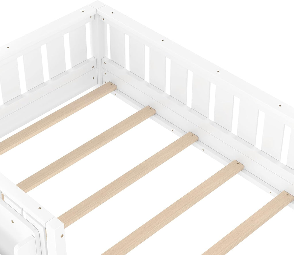 Bellemave Twin Floor Bed with Slats and Safety Guardrail, Twin Size Montessori Floor Bed with Fence and Built-in Bookshelf, Easy Assemble Montessori Beds for Kids, Girls, Boys, White