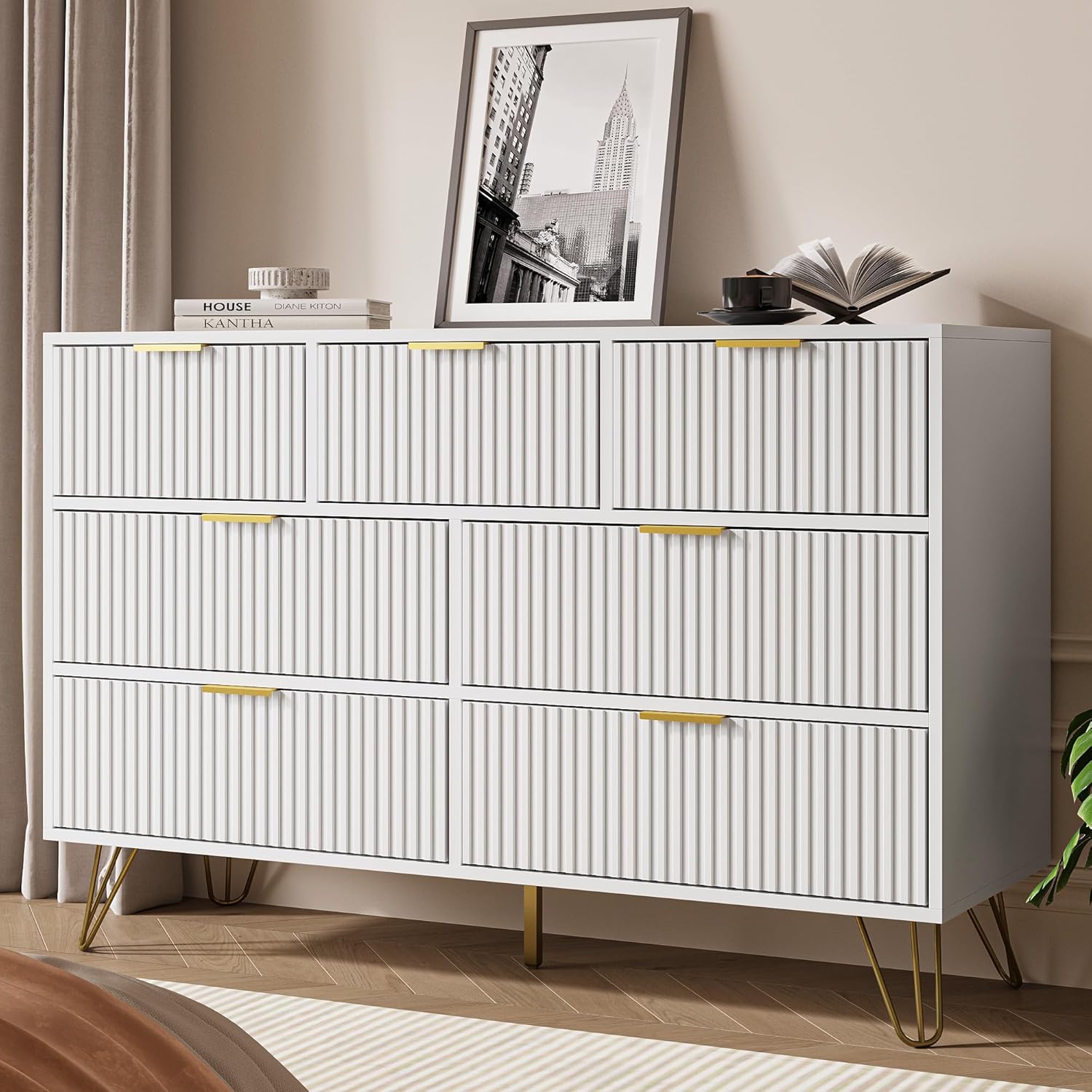 White Dresser for Bedroom, 7 Drawer Dresser with Gold Pulls, Wide Chest of Drawers for Bedroom, Entryway, 47.2" L x 15.7" D x 31.4" H