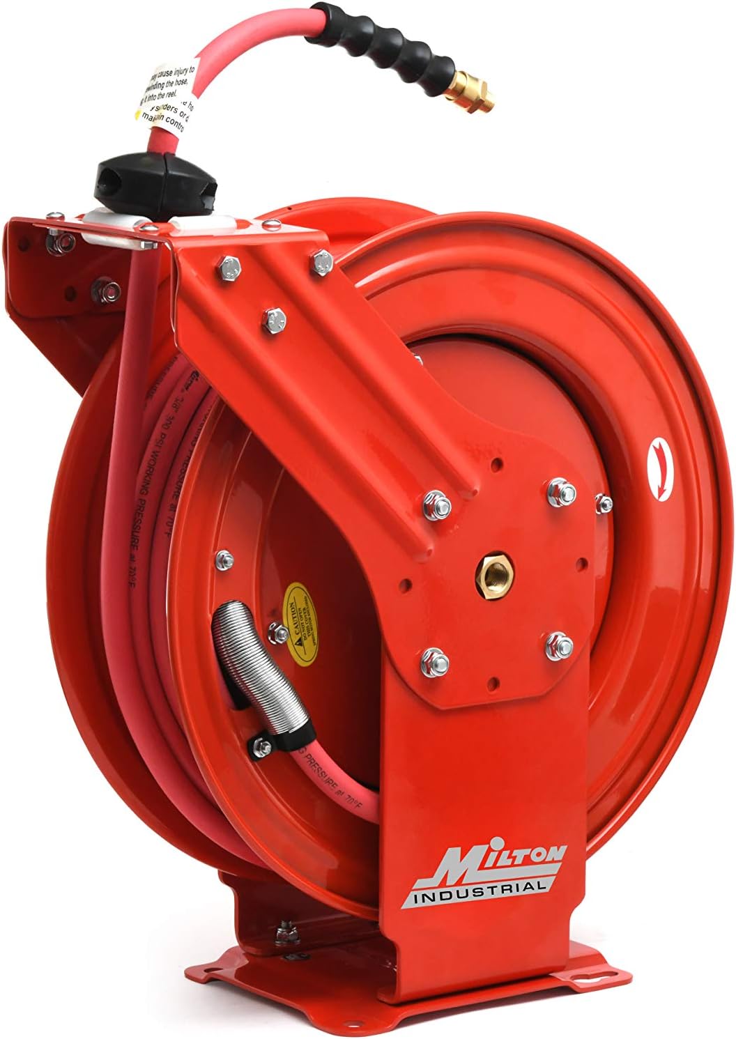 MILTON Industrial Hose Reel 2790-50D  Auto Retractable  Chemical Resistant  Prevent Cracking  Flexible in Extreme Conditions 1/2” Hose ID  50 Foot Rubber Hose  300 PSI Max Pressure 1/2" Male NPT  Red