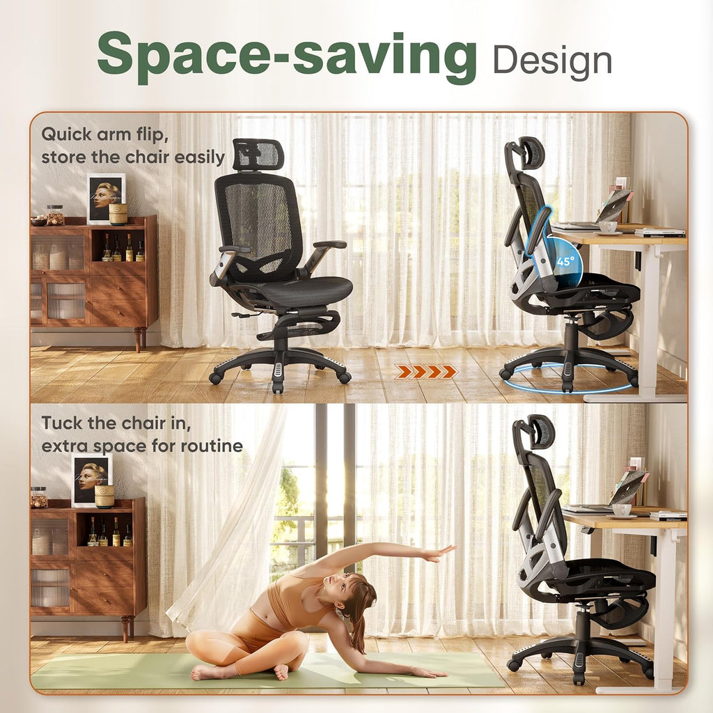 GABRYLLY Office Chair with Footrest, Ergonomic Desk Chair - 135° Recline Wide, 45° Flip-Up Arms,3D Headrest & Mesh Seat, High Back Home Gaming Chair for Adult Man Woman, 300LBS