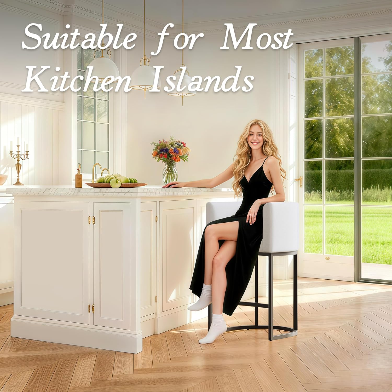 Modern Counter Height Bar Stools,Bar Stools Set of 3,Fabric Upholstered Barrel Barstools with Backs,26'' Kitchen Island Chairs,Metal Black Frames,Snowy White Linen