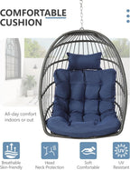 SWITTE Egg Chair Outdoor with Stand, Indoor Wicker Hanging Egg Swing Chair with Cushion, 350lbs Capacity for Patio, Bedroom, Garden - Dark Blue