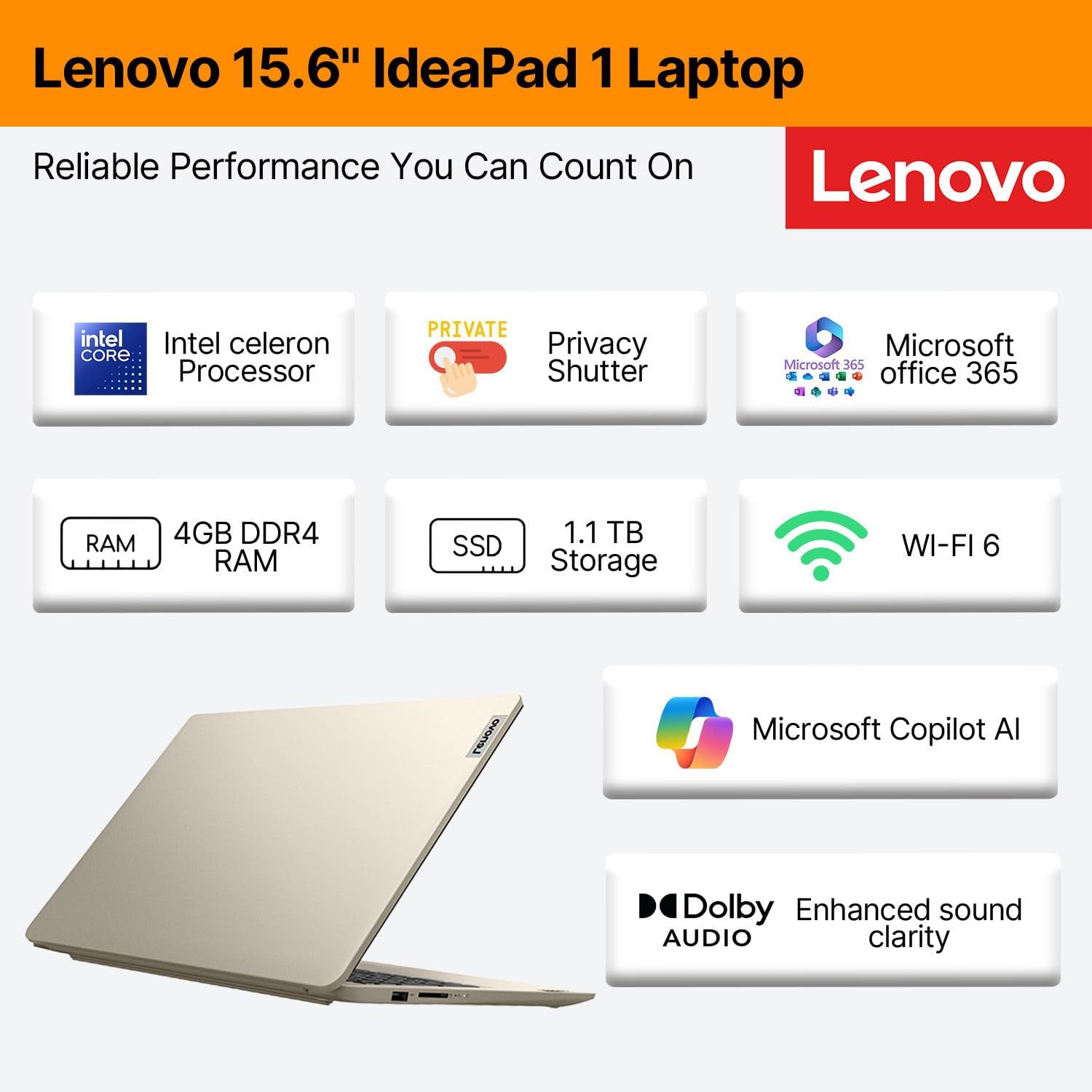Lenovo IdeaPad 15.6" Business Laptop • Microsoft Office 365 • 1.1TB Storage • DDR4 • Intel Dual core • 1TB Cloud and 128GB SSD • WiFi 6 • Copilot AI • HDMI • Windows 11 no Mouse • Essential Laptop