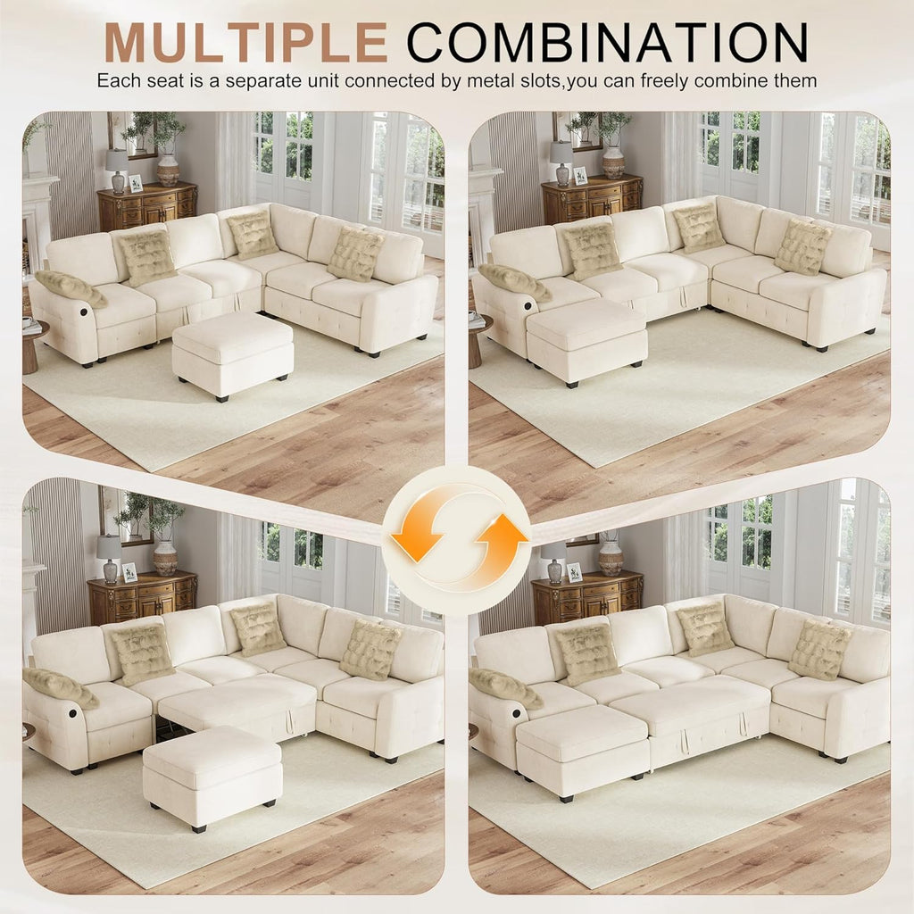Hanherry Sectional Couch with Pull Out Sofa Bed,Chenille Sleeper Sofa with Storage Ottoman & USB Charging,Comfy L Shaped Modular Couches for Living Room,Apartment