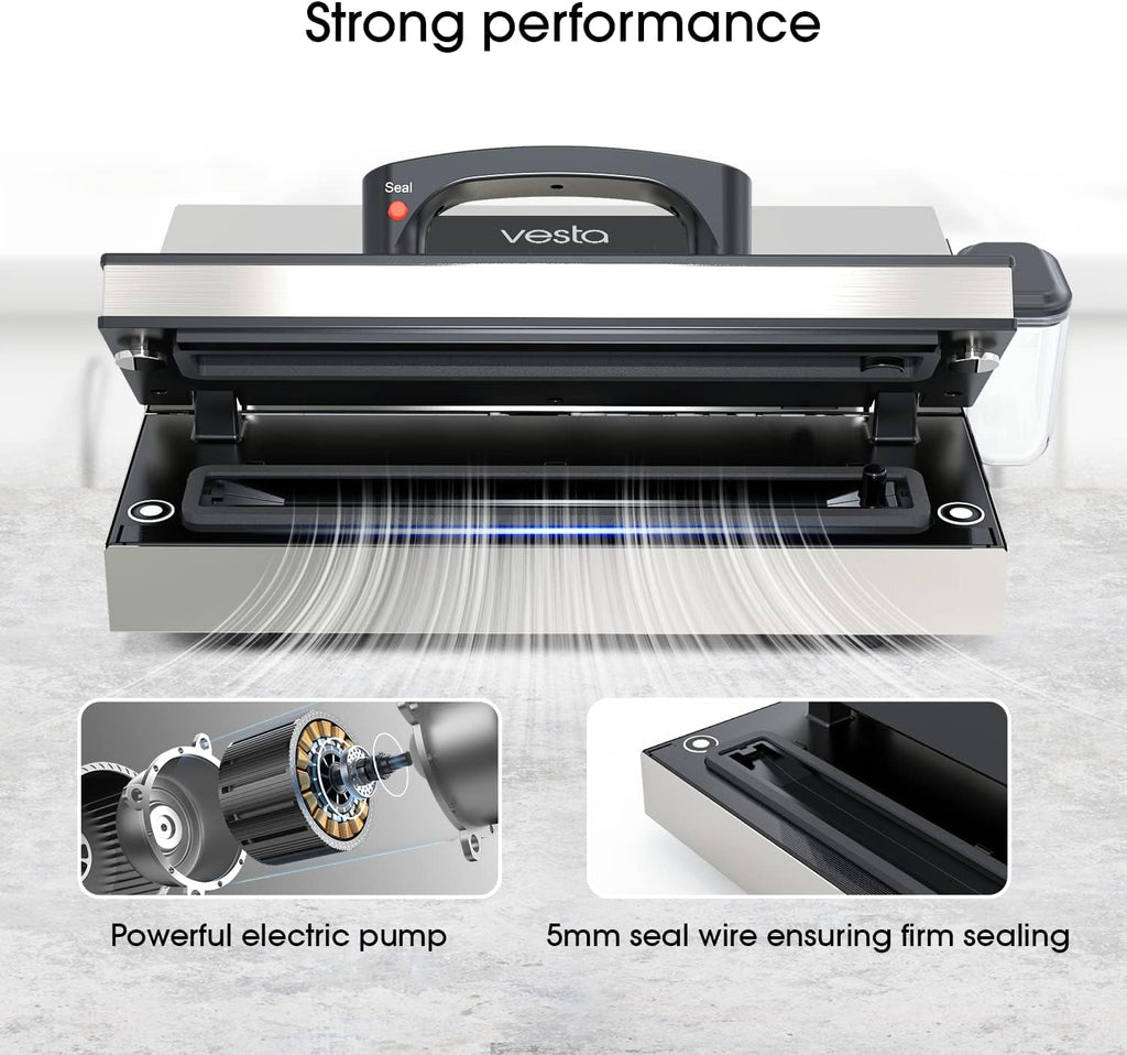 Vesta Precision Food Saver Vacuum Sealer Machine, 95kPa Commercial Grade Vacuum Sealer for Food, 12" Wide Sealing Bar & Smart Seal Design, Ideal for Sous Vide, includes Patented Cutter Box with Bags