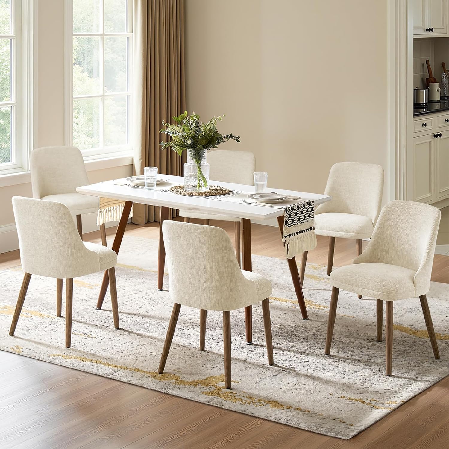 HULALA HOME Dining Chairs Set of 6, Ivory Fabric Upholstered Dining Room Chairs Set with Solid Wood Legs, Paded Back, Modern Kitchen Accent Chairs for Living Room Bedroom Reception