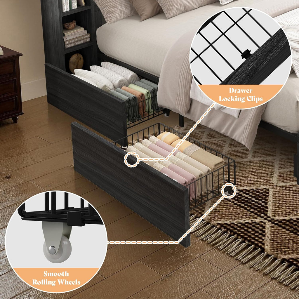 AMERLIFE 45'' Farmhouse King Bed Frame with 4 Drawers, LED Bed Frame with Bookcase Headboard & Side Shelves, Wood Platform Bed with Charging Station, Black