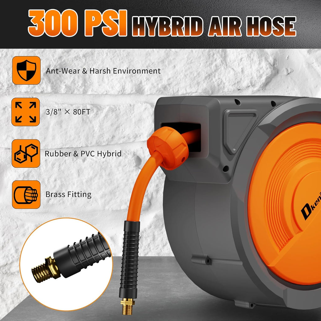 Retractable Air Hose Reel, 3/8" x 80ft Hybrid Hose, Auto Rewind Enclosed Air Compressor Hose Reel with 180° Swivel Bracket, Max 300 PSI Any Length Lock for Garage & Workshop