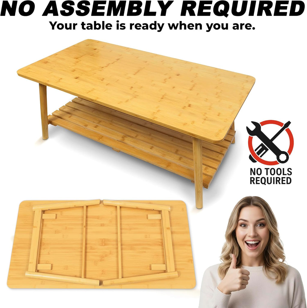 TelTopia Compact Folding Coffee Table – Foldable Collapsible Bamboo Table for Small Living Rooms, Apartments & Dorms – Portable with Removable Shelf & Bag
