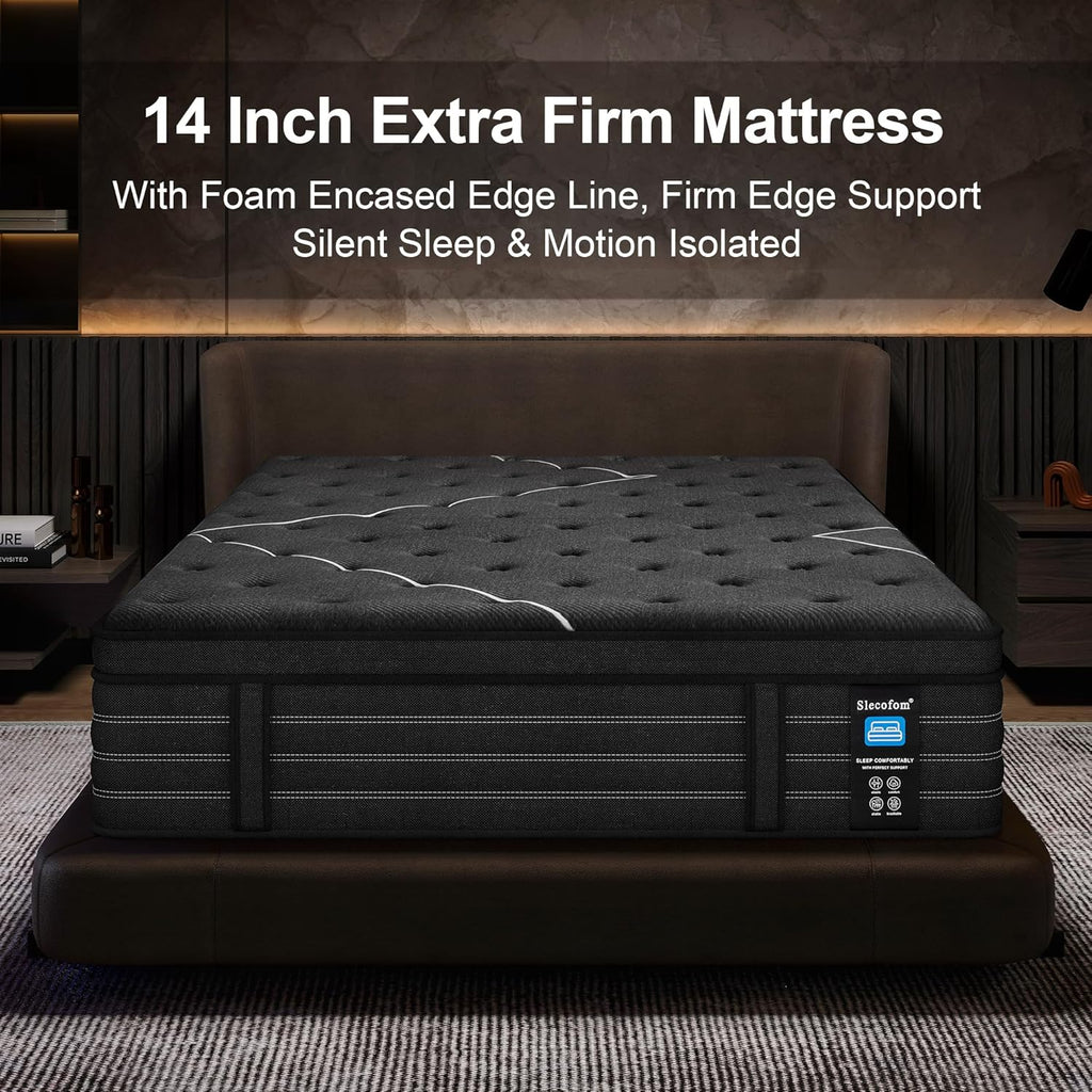 Extra Firm Queen Mattress, 14 Inch Queen Size Mattress,Memory Foam Hybrid with Extra Lumbar Support, Back Pain Relief&Cool Sleep, Firm Foam Encased Edge,Motion Isolation,Fiberglass-Free