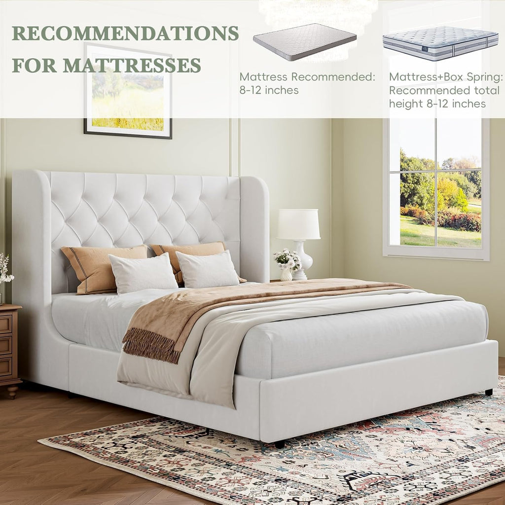 HOMBCK White Queen Bed Frame, Velvet Upholstered Platform Bed Frame with Headboard, Curved Wingback Design, Wooden Slats, No Box Spring, Noise Free, Easy Assembly
