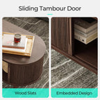 LINSY HOME Oval Coffee Table, Wood Coffee Table with Storage, Fluted Accent Center Table with Sliding Tambour Door, 39" Mid Century Modern Coffee Tables for Living Room, Bedroom, Apartment, Walnut