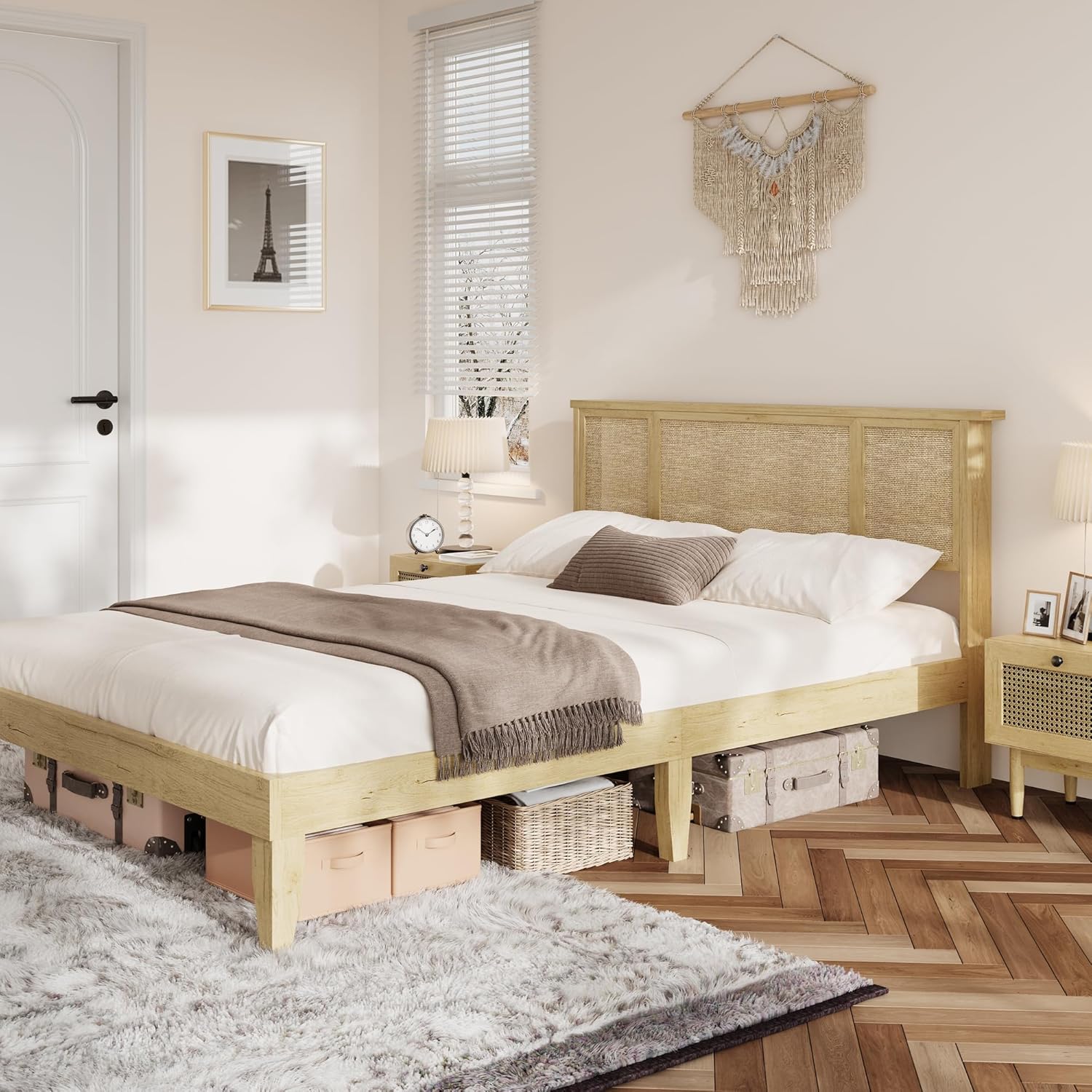 Rattan Bed Frame Queen with Natural Rattan Headboard, Sturdy Wooden Slats, Metal Platform Support, Silent Slats, No Box Spring Needed, Stylish and Robust Bedroom Furniture