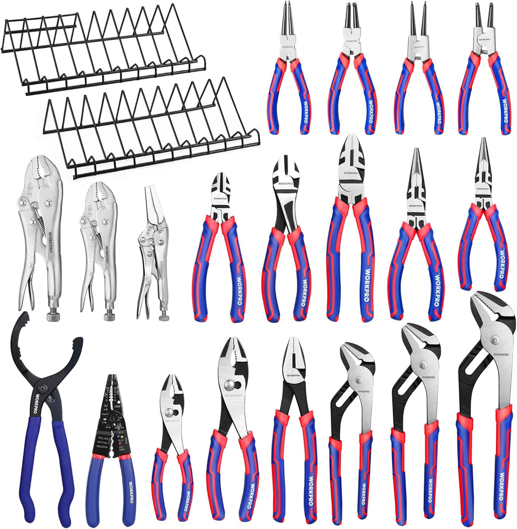 WORKPRO Pliers Set, 20 Pieces Pliers Tool Set with 2 Packs Organizer Rack, Slip Joint Pliers, Channel Locks Plier and Vise Grip Plier Assortment for Home, Garage, Mechanics & DIY Projects