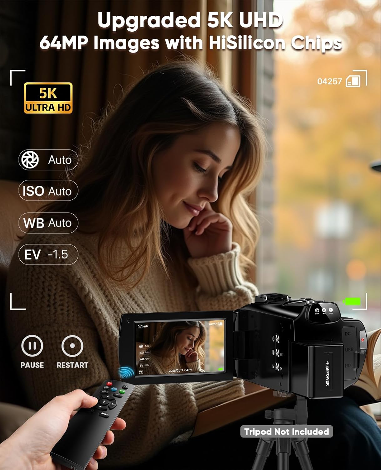 5K Video Camera Camcorder 8X Opitical Zoom Live Streaming Cameras 64MP WiFi Autofocus Vlogging Camera for Youtube with Full-color Night Vision  3.6'' 270° IPS Touchscreen 32GB Card Video Recorder