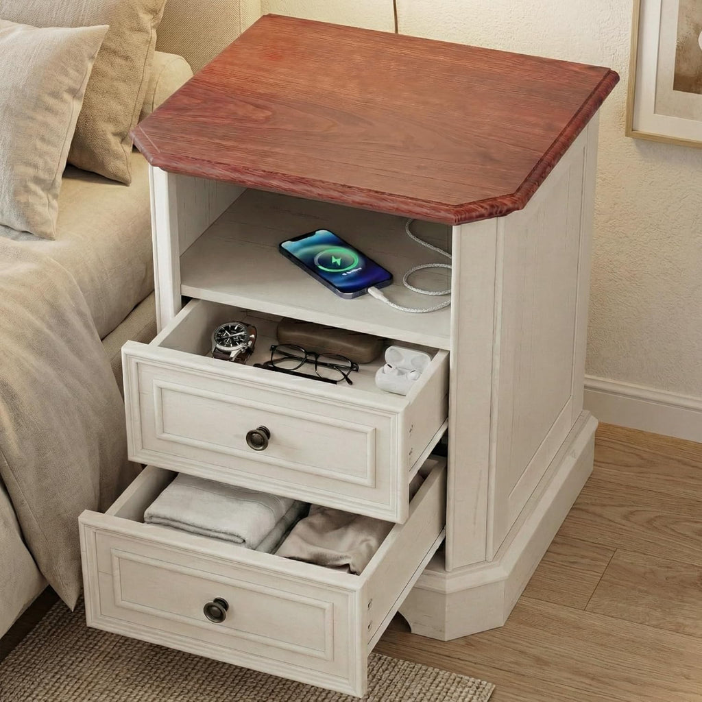 24" White Nightstand with Charging Station, Set of 2 Modern Farmhouse Bedside Table with 2 Drawers and Open Shelf, Traditional Wood End Table with Outlets and USB Ports