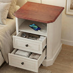 24" White Nightstand with Charging Station, Set of 2 Modern Farmhouse Bedside Table with 2 Drawers and Open Shelf, Traditional Wood End Table with Outlets and USB Ports
