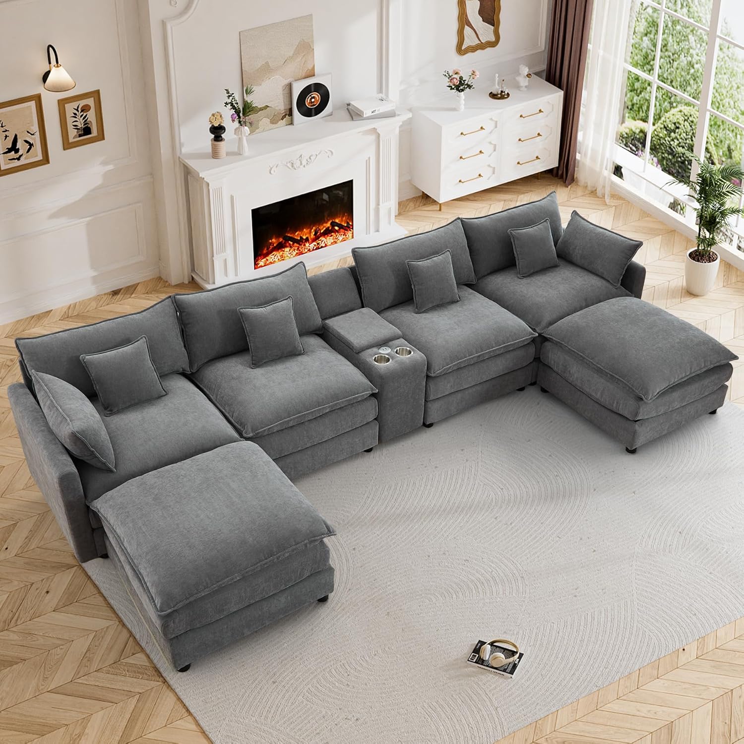 145" Cloud Couch Oversized U Shaped Grey Sectional Couches for Living Room, Big Soft Comfy Fluffy Chenille Couch Sectionals, Modular Sectional Sofa with Ottoman & Central Console
