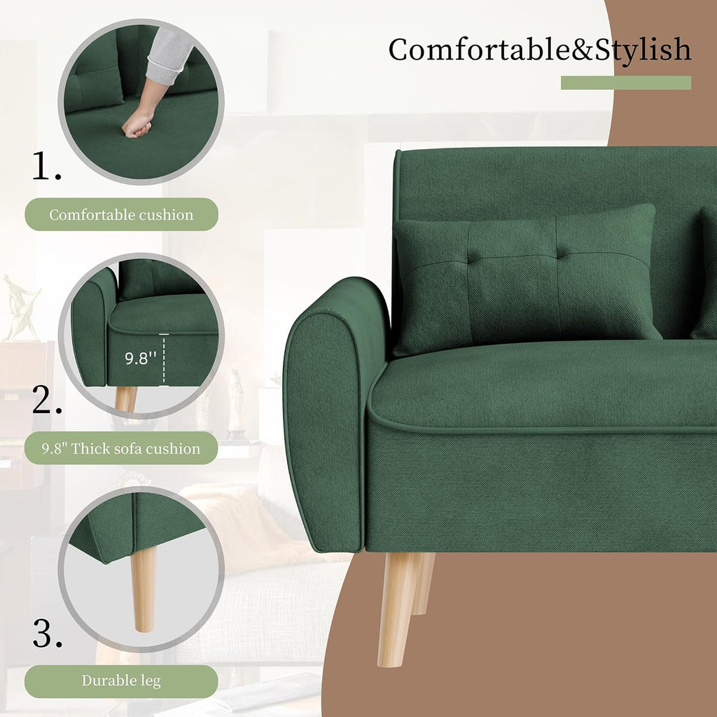 Vongrasig 47" Small Modern Loveseat Sofa, Mid Century Linen Fabric 2-Seat Sofa Couch Tufted Love Seat with Back Cushions and Tapered Legs for Living Room, Bedroom and Small Space (Green)