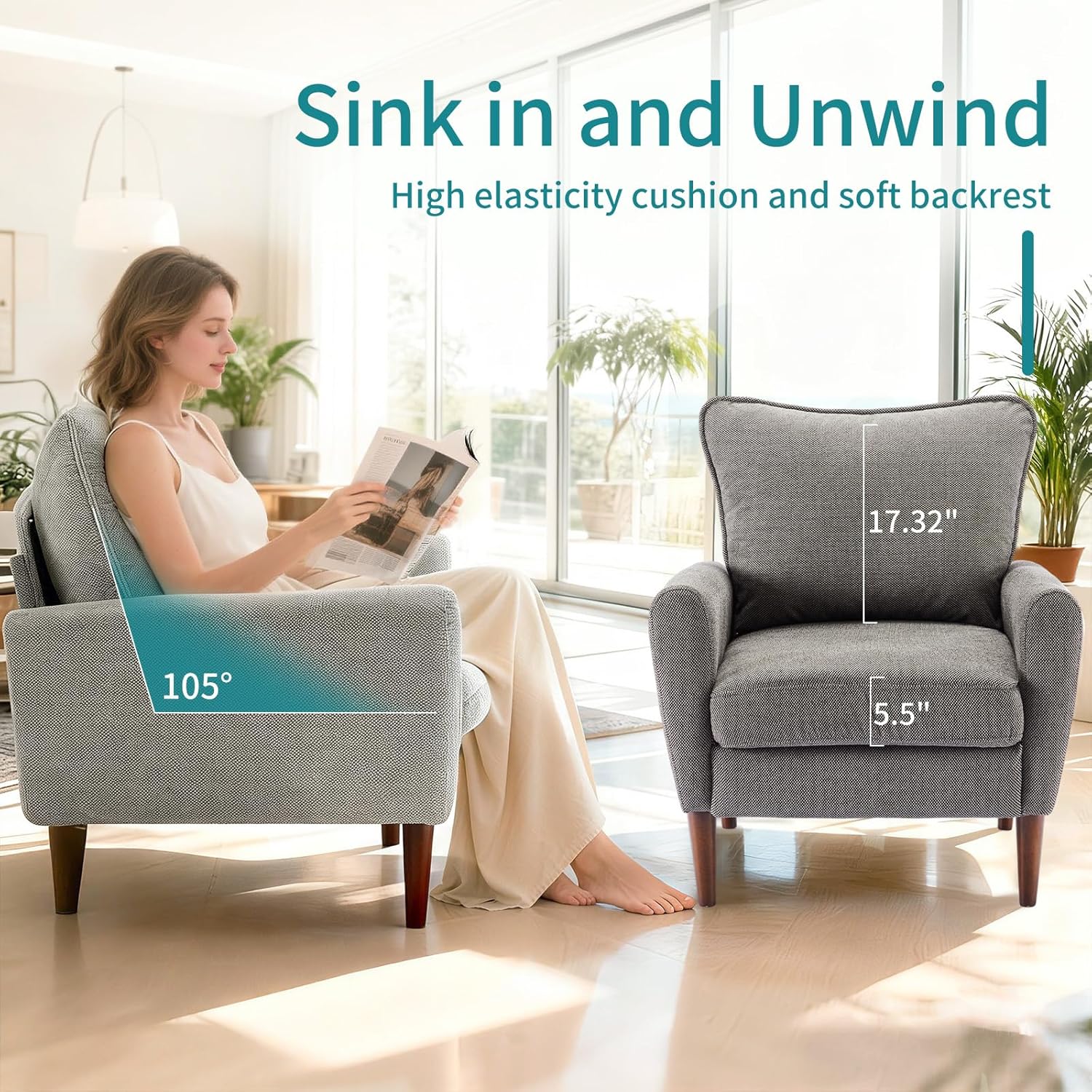 OLIXIS Comfy Accent Chair for Living Room Bedroom and Waiting Room, Upholstered Mid-Century Reading Chair with Pillow and Solid Wood Legs, Wide Singe Modern Lounge Sofa (Gray)