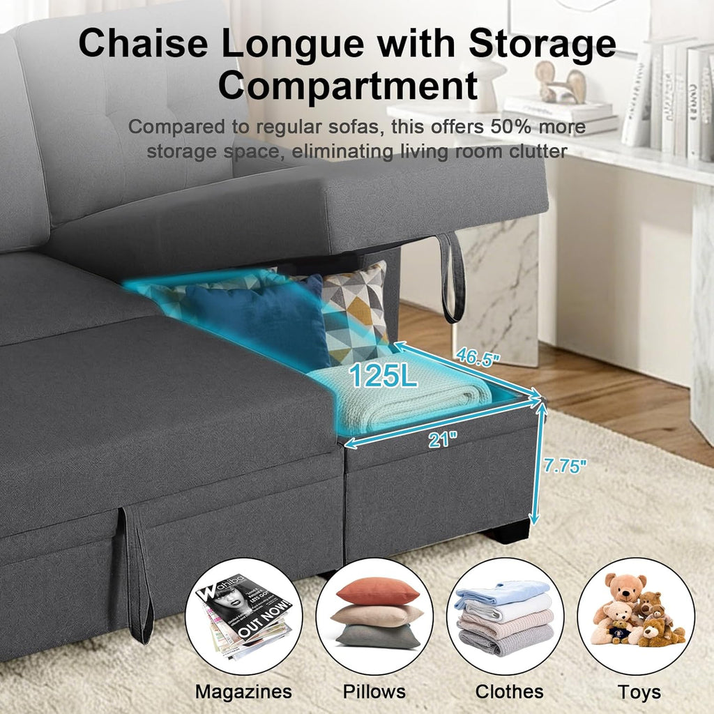 82" L Shaped Sleeper Sofa Bed: Sectional Sleeper Couch with Pull Out Bed, Storage Chaise, USB Charging, 3 Seat Sectional Sofa Bed for Living Room (Linen Fabric, Dark Grey)
