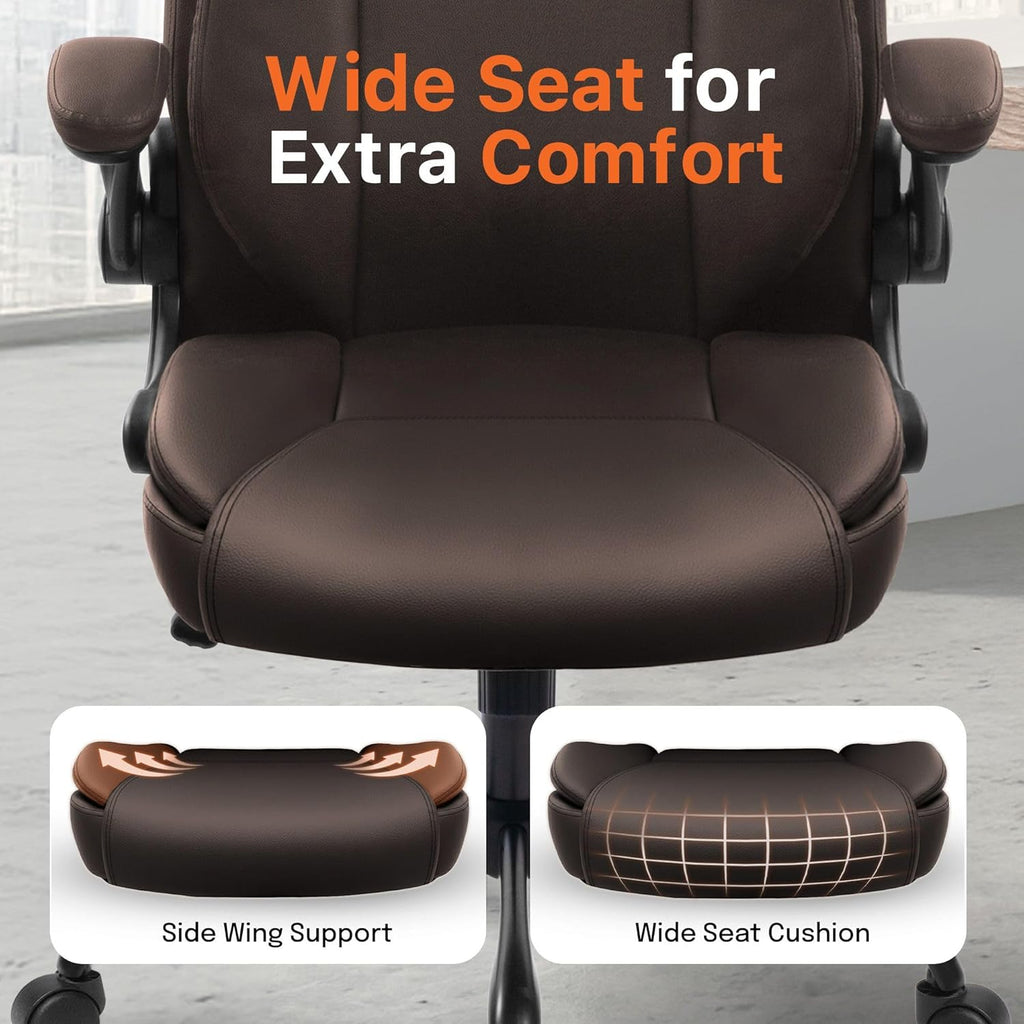 NEO CHAIR Office Desk Gaming Computer Home Chair Ergonomic Executive High Back Support Flip-up Arms Adjustable Height Swivel Rolling Wheels Comfy PU Leather (Brown)