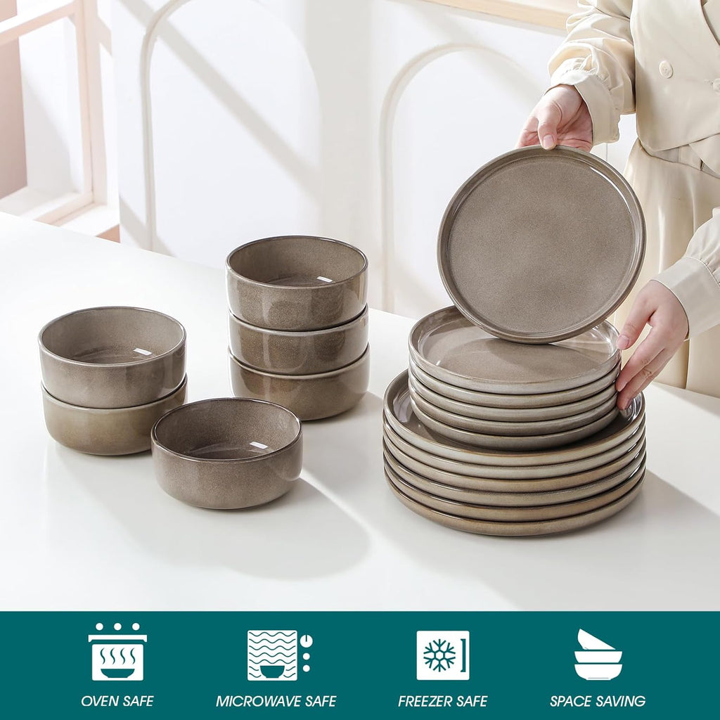 vancasso PLAYA Plates and Bowls Sets, 18 Pieces Dark Brown Dinnerware Sets for Kitchen, Reactive Glaze Dishes Set for 6, Dishwasher and Microwave Safe