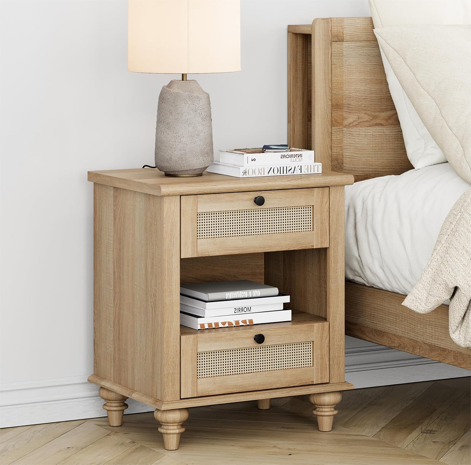 WAMPAT Rattan End Table with Charging Station for Living, Small Sofa Side Table with 2 Drawers & Open Shelf, Farmhouse Wooden Night Stand Retro Bedside Table for Living Room, Light Oak