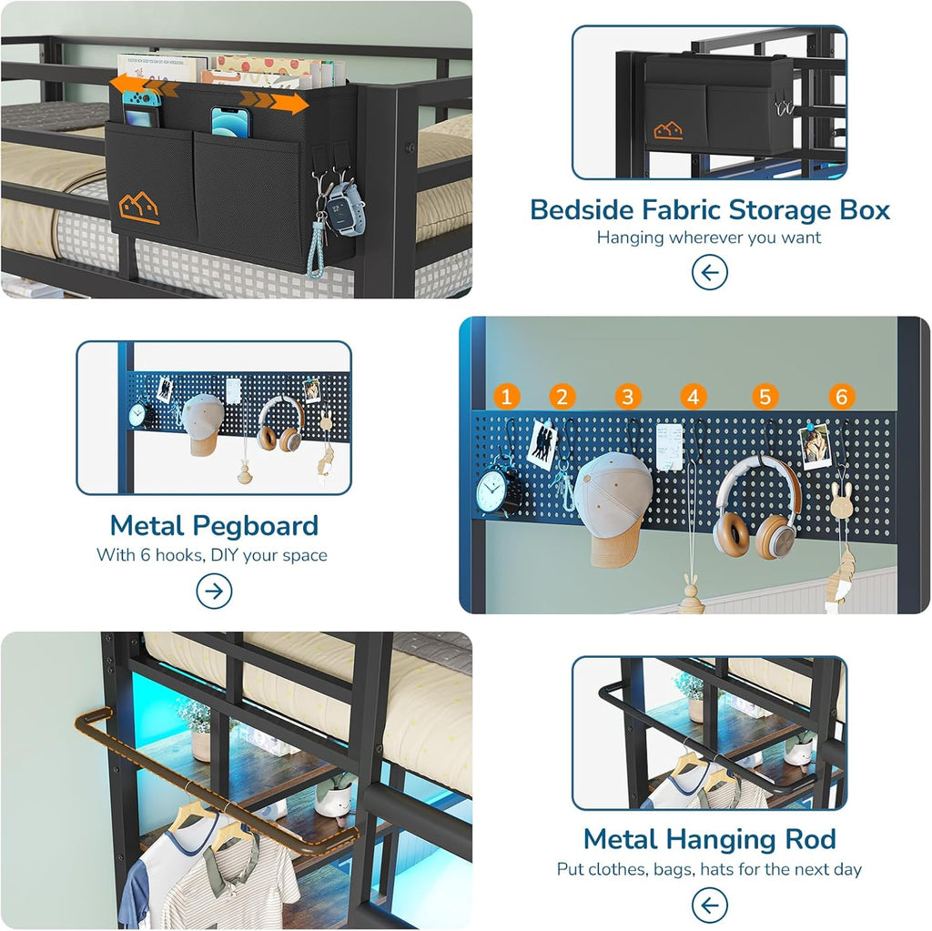 Twin Over Full Size Bunk Bed with 4 Storage Drawers and Bookshelf, Metal Bunk Beds with LED Lights, Charging Station, Loft Bunk Bed with Pegboard, Safety Guardrail and Ladders, for Kids, Teens, Adults