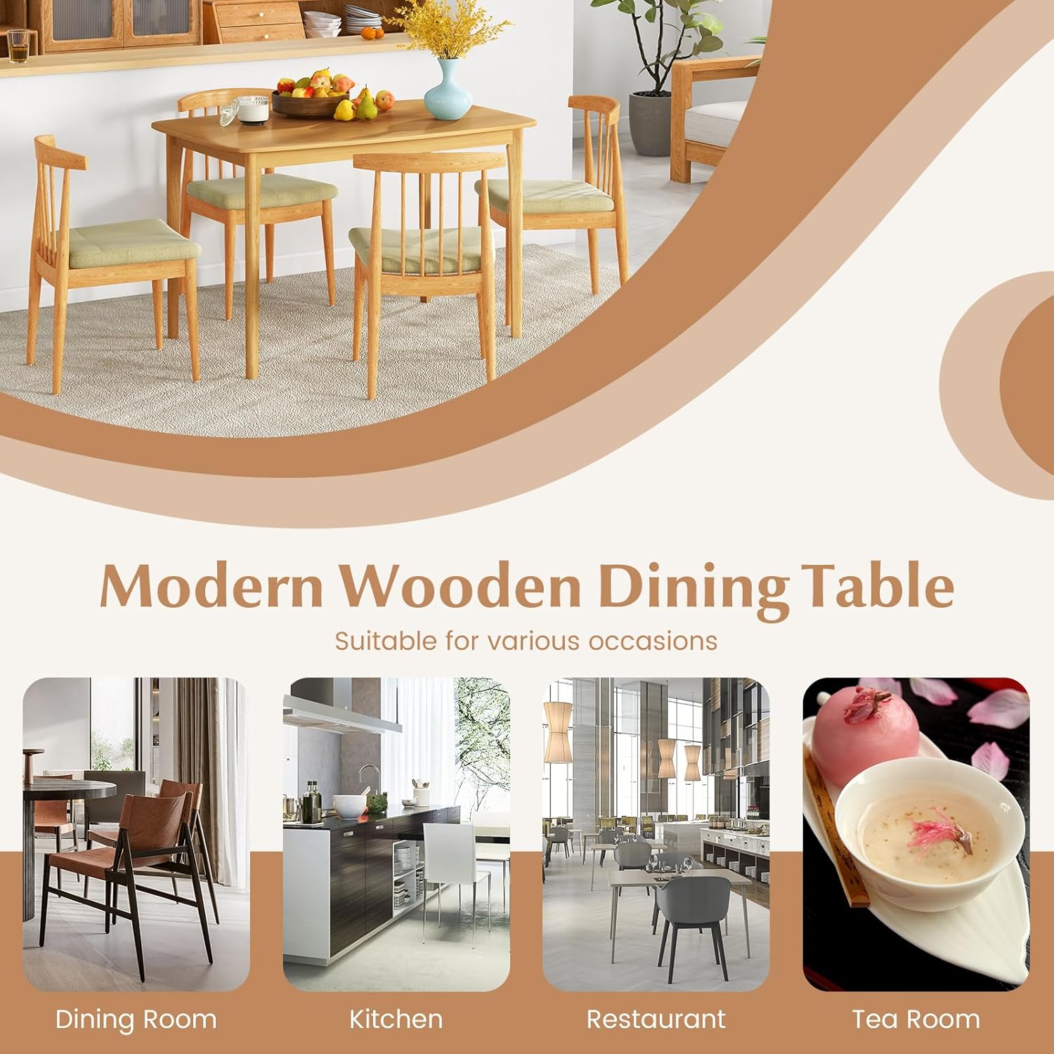 Giantex Dining Table for 4, 48" Rectangular Kitchen Table with Solid Rubber Wood Legs & Spacious Tabletop, Wooden Dinner Table for Living Dining Room, Dinette (Natural)