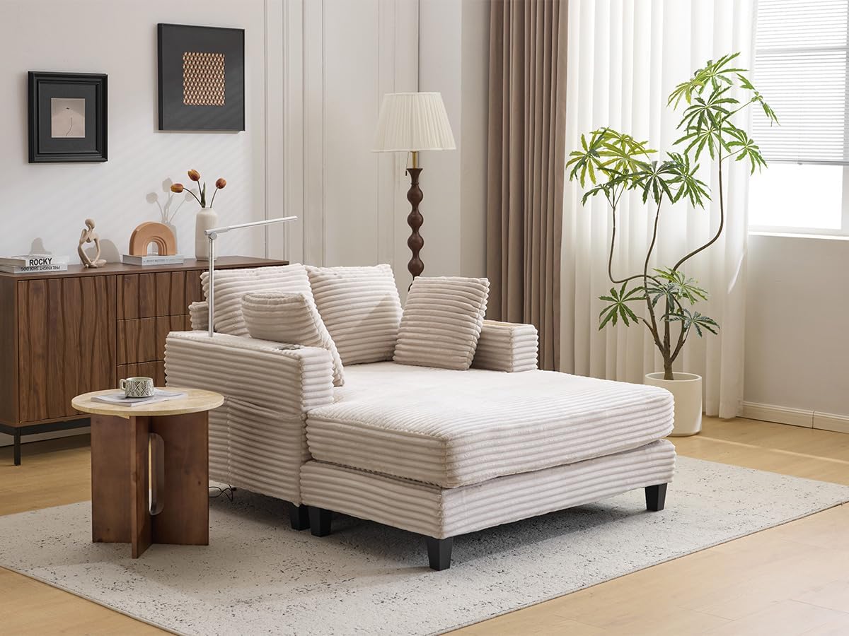 AEDI 60" Chaise Lounge Chair, Sofa Bed with Adjustable Reading Light, USB & Type-C Charging, Wood Tray & Cup Holder (Velvet Corduroy, Beige)