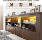 EnHomee Full Size Bed Frame with Headboard and Storage, 4 Drawers and LED Built in Charging Station Full Bed Frame with Storage Farmhouse, NO Noise,No Box Spring Needed,Brown
