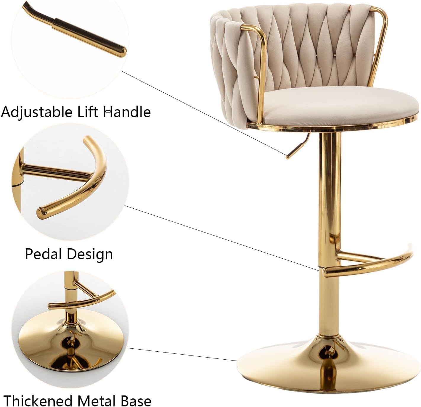 Gold Velvet Bar Stools Set of 3, Swivel Counter Height Bar Stools with Back, Adjustable Woven Barstools for Kitchen Island, Pub, Club (Beige)
