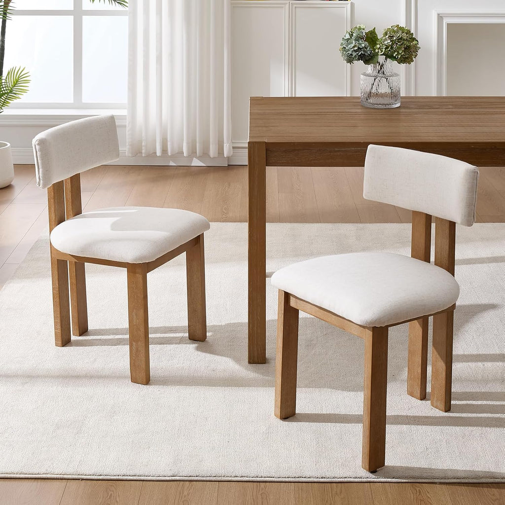Kmax Farmhouse Dining Chair Set of 6, Linen Fabric Kitchen Chair Curved Back Armless Dining Room Chairs with Walnut Wood Legs for Family Diner, White