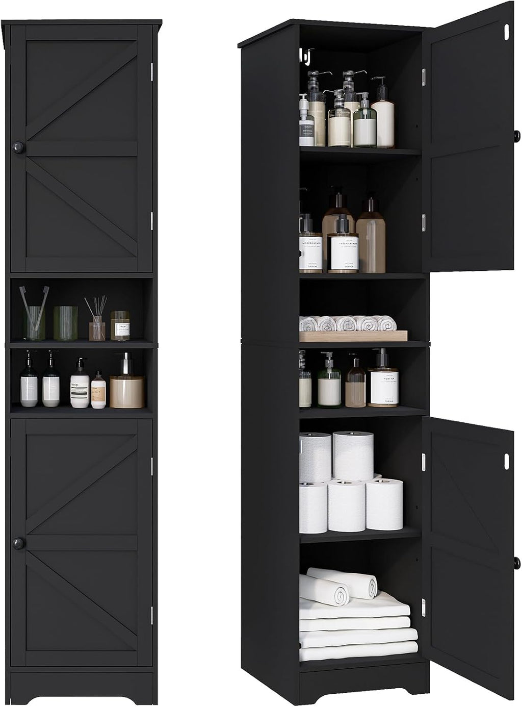 Viaozutis Tall Bathroom Storage Cabinet, Vertical Freestanding Organizer with Adjustable Shelf, Slim Design for Small Bathrooms, Towels & Toiletries Storage Black