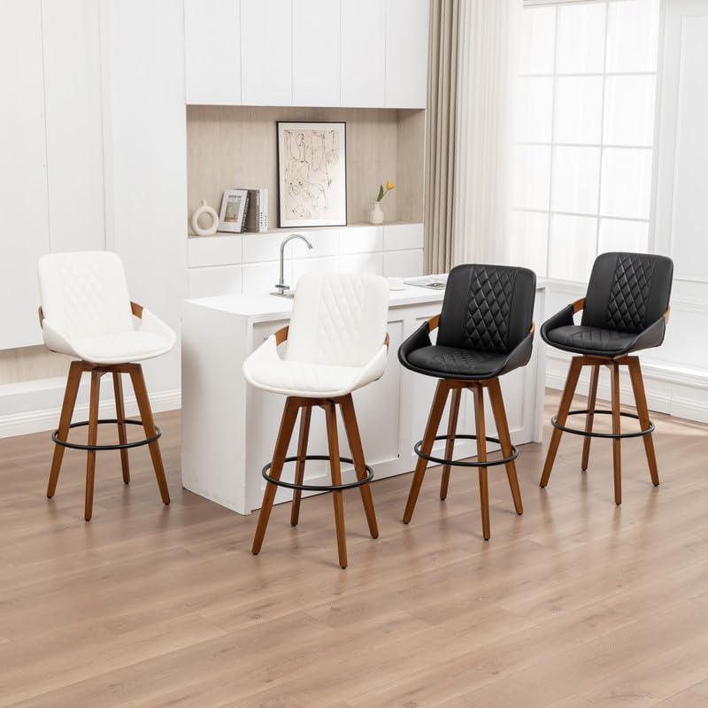 26 Inch Counter Height Stools Set of 2, Modern Mid Century Upholstered Upholstered Swivel Stool with Curved Back and Arms for Kitchen Island, Black